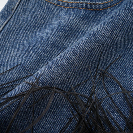 Luna Blue Feather-trimmed Cropped Top And Denim Skirt Set
