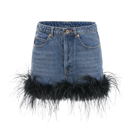 Luna Blue Feather-trimmed Cropped Top And Denim Skirt Set