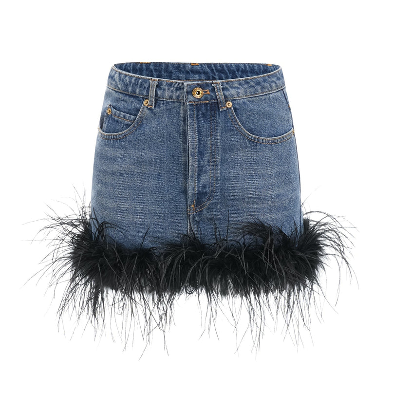 Luna Blue Feather-trimmed Cropped Top And Denim Skirt Set