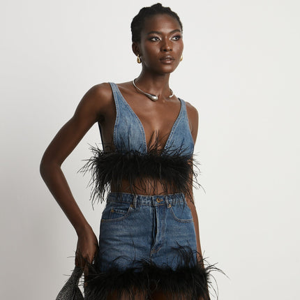 Luna Blue Feather-trimmed Cropped Top And Denim Skirt Set