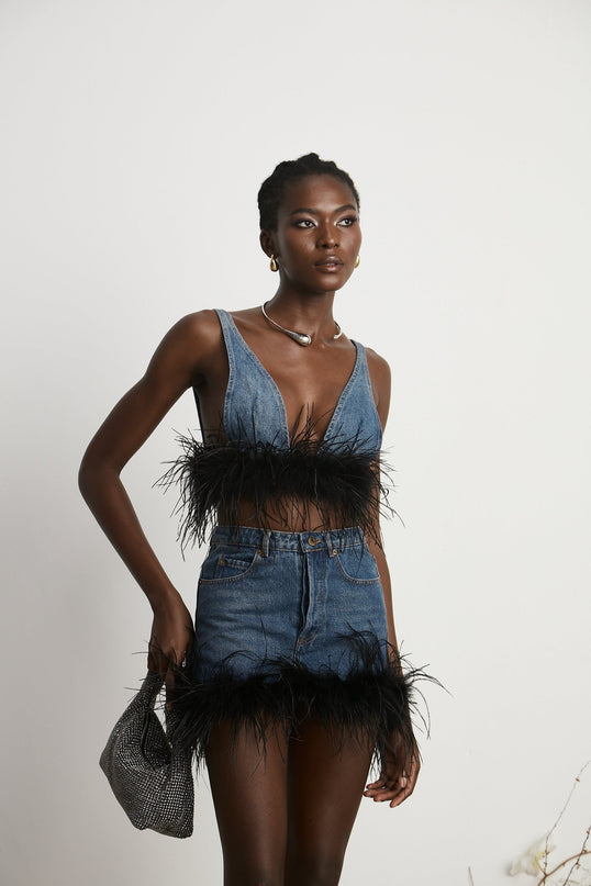 Luna Blue Feather-trimmed Cropped Top And Denim Skirt Set