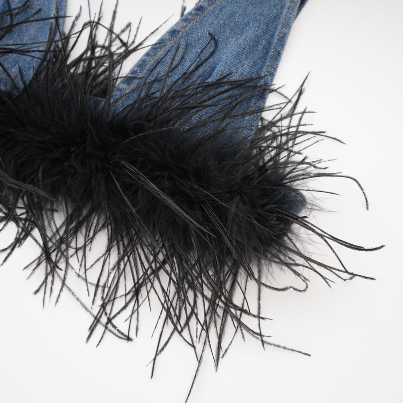 Luna Blue Feather-trimmed Cropped Top And Denim Skirt Set