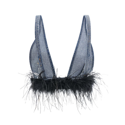 Luna Blue Feather-trimmed Cropped Top And Denim Skirt Set