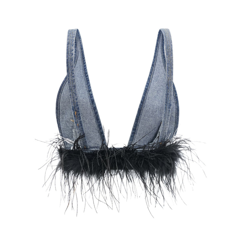 Luna Blue Feather-trimmed Cropped Top And Denim Skirt Set