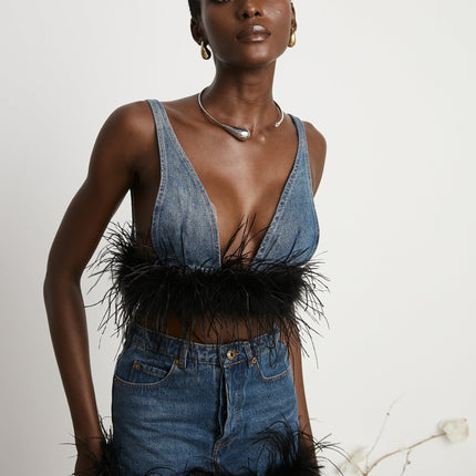 Luna Blue Feather-trimmed Cropped Top And Denim Skirt Set