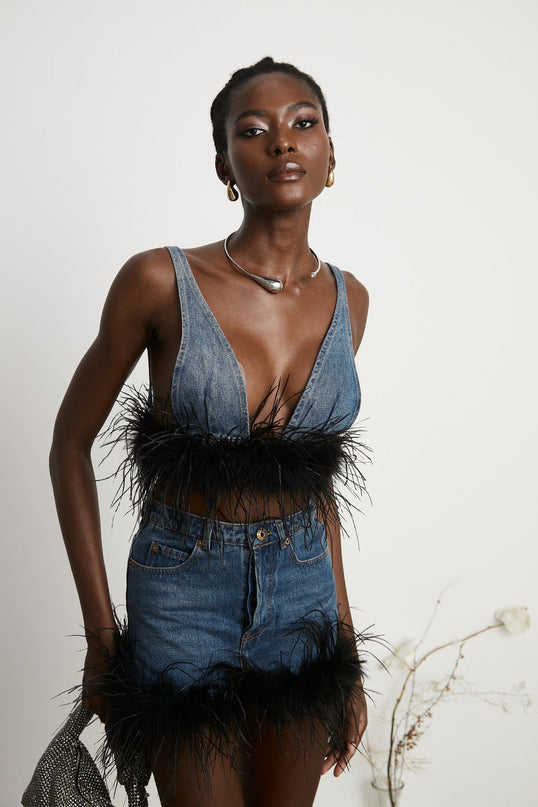 Luna Blue Feather-trimmed Cropped Top And Denim Skirt Set