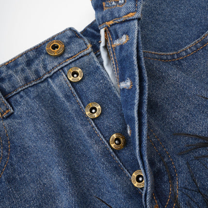 Luna Blue Feather-trimmed Cropped Top And Denim Skirt Set