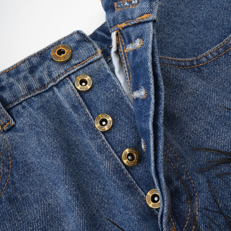 Luna Blue Feather-trimmed Cropped Top And Denim Skirt Set