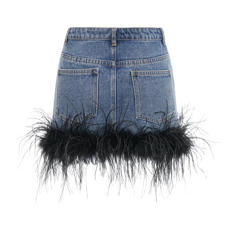 Luna Blue Feather-Trimmed Cropped Top And Denim Skirt Set