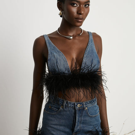 Luna Blue Feather-trimmed Cropped Top And Denim Skirt Set
