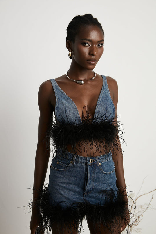 Luna Blue Feather-trimmed Cropped Top And Denim Skirt Set