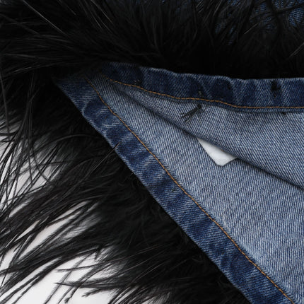 Luna Blue Feather-trimmed Cropped Top And Denim Skirt Set