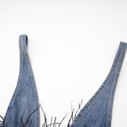 Luna Blue Feather-trimmed Cropped Top And Denim Skirt Set