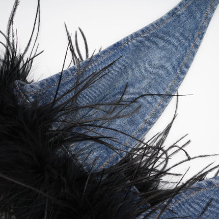 Luna Blue Feather-trimmed Cropped Top Denim Skirt Set