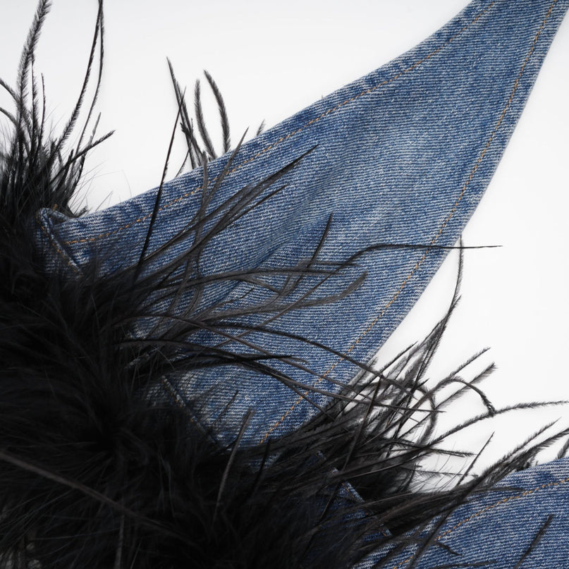 Luna Blue Feather-trimmed Cropped Top Denim Skirt Set