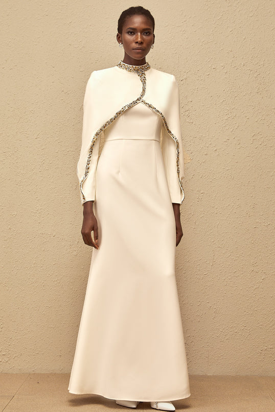 Lune White Embellished Shawl Design Gown