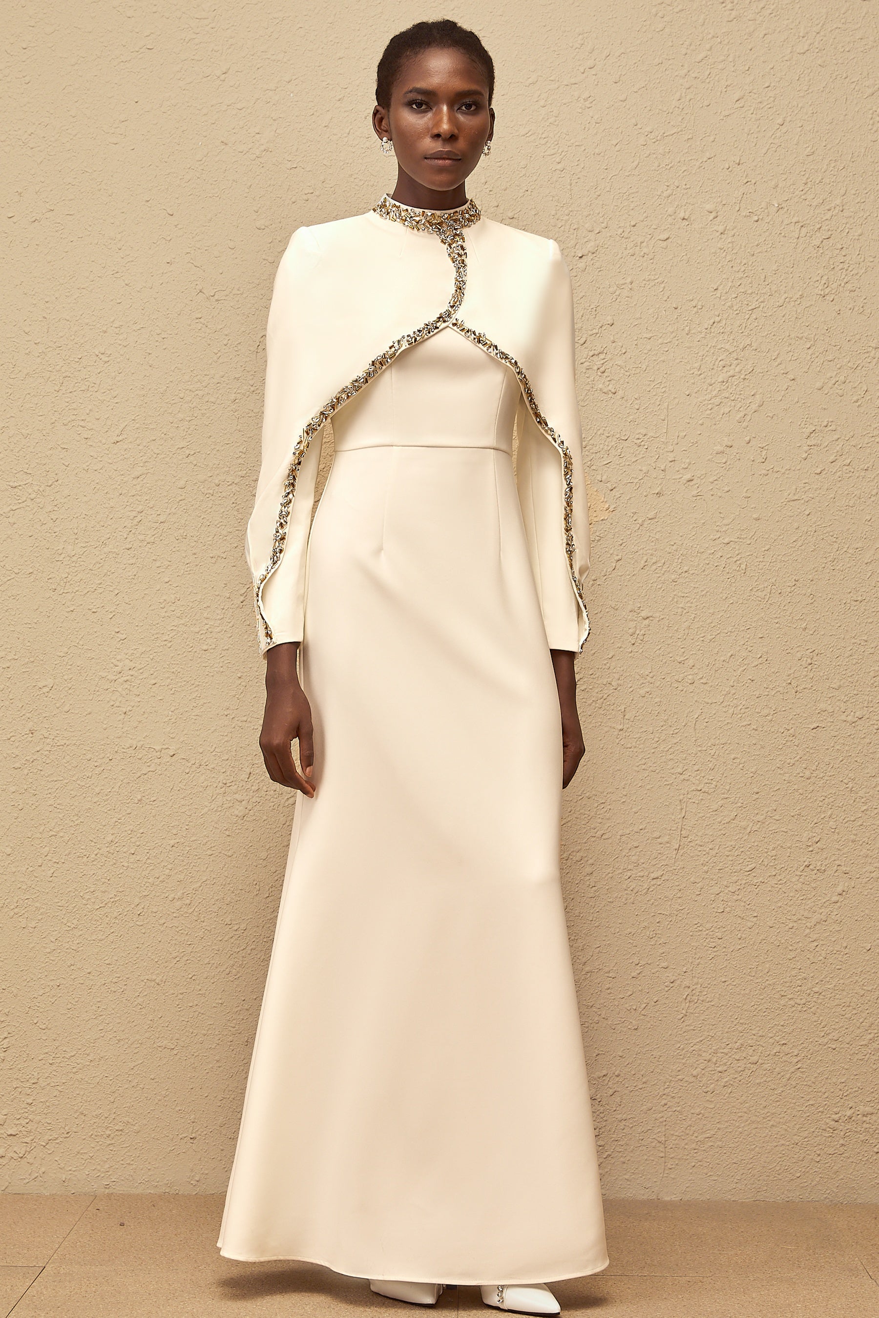Lune White Embellished Shawl Design Gown