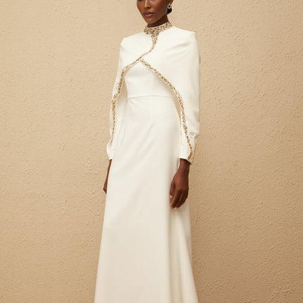 Lune White Embellished Shawl Design Gown for Women