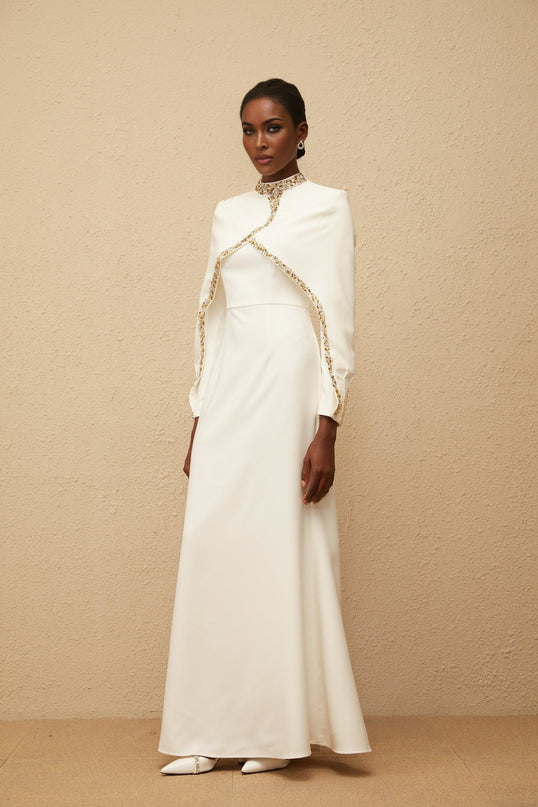 Lune White Embellished Shawl Design Gown for Women