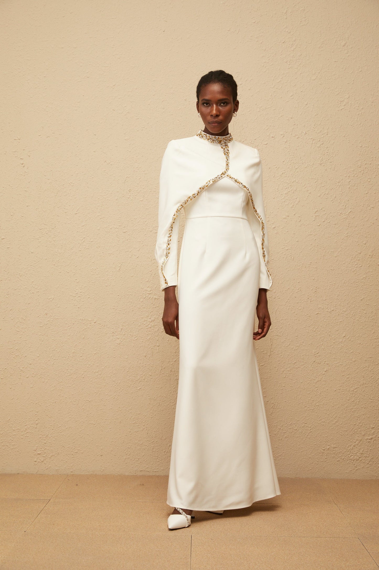 Lune White Embellished Shawl Design Gown