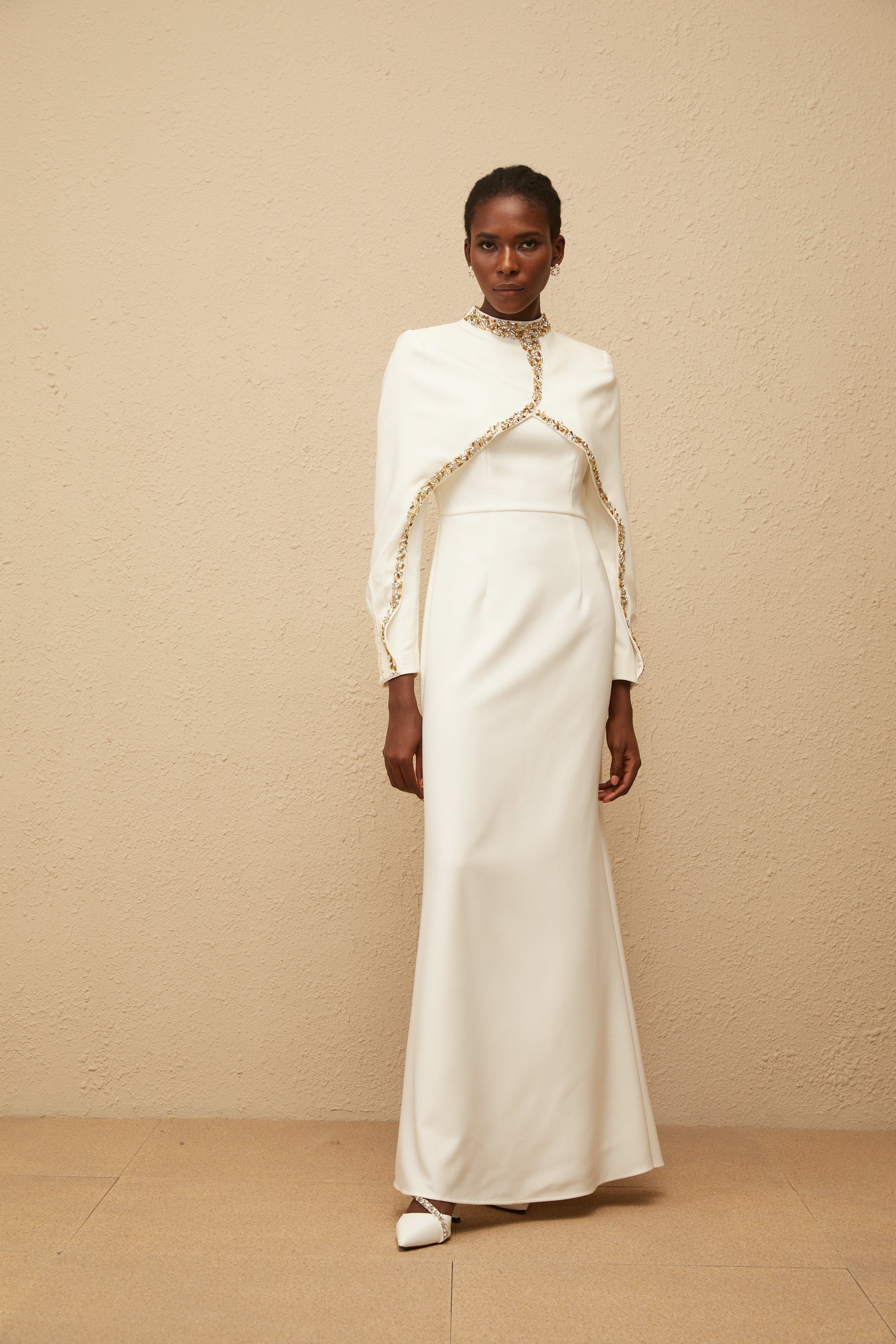 Lune White Embellished Shawl Design Gown