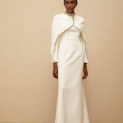 Lune White Embellished Shawl Design Gown in White color