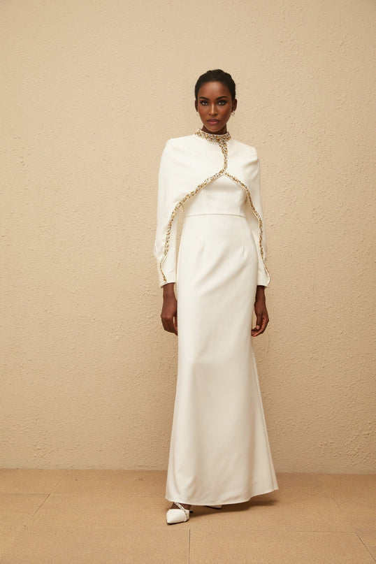 Lune White Embellished Shawl Design Gown in White color