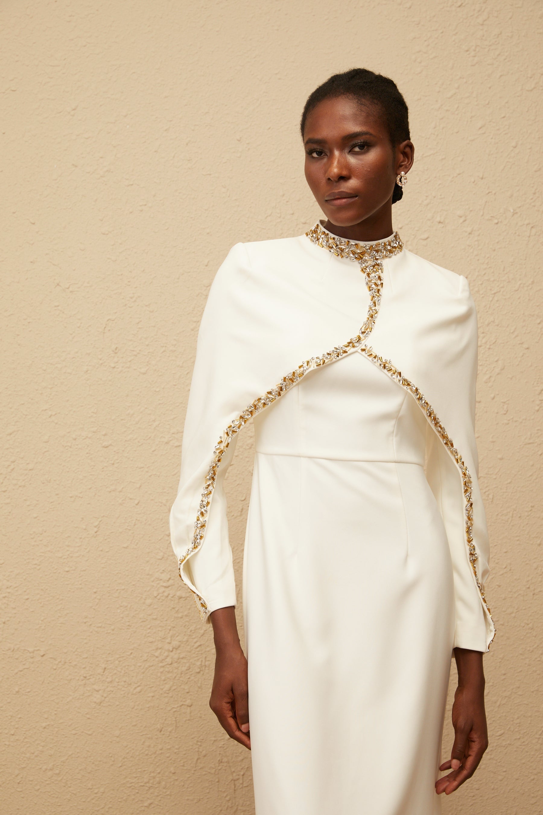 Lune White Embellished Shawl Design Gown