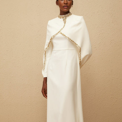 Lune White Embellished Shawl Design Gown for Women
