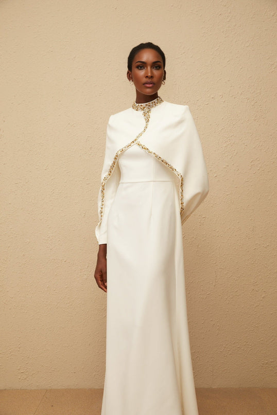 Lune White Embellished Shawl Design Gown for Women