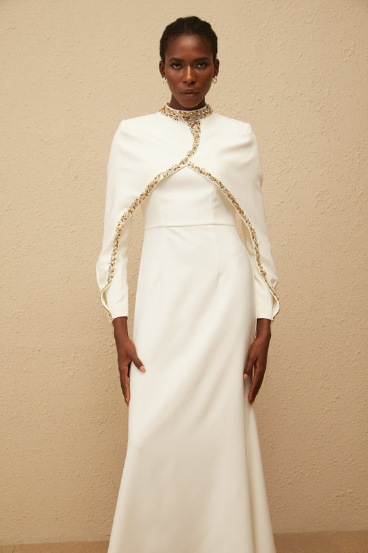 Lune White Embellished Shawl Design Gown