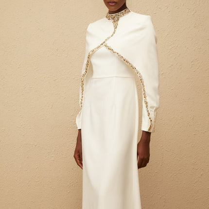 Lune White Embellished Shawl Design Gown for Women