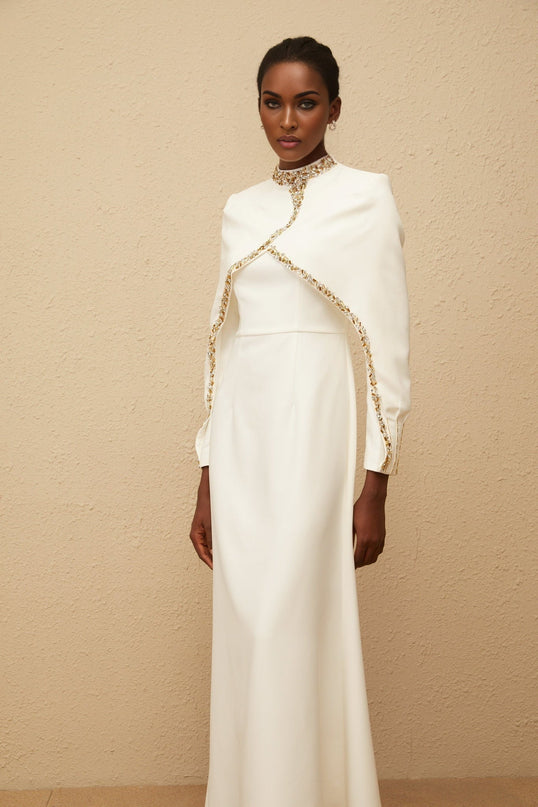 Lune White Embellished Shawl Design Gown for Women
