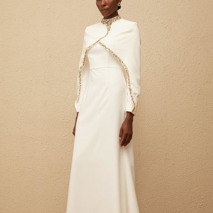 Lune White Embellished Shawl Design Gown