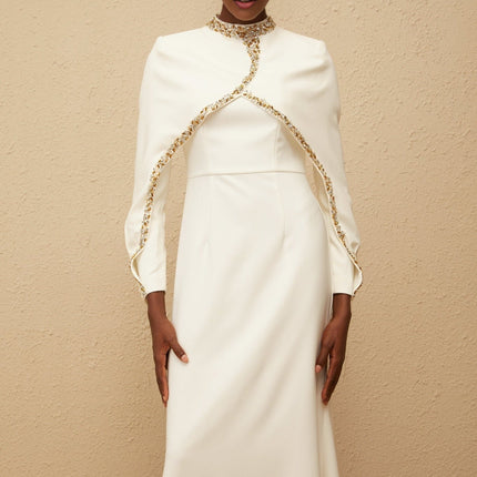 Lune White Embellished Shawl Design Gown in White color