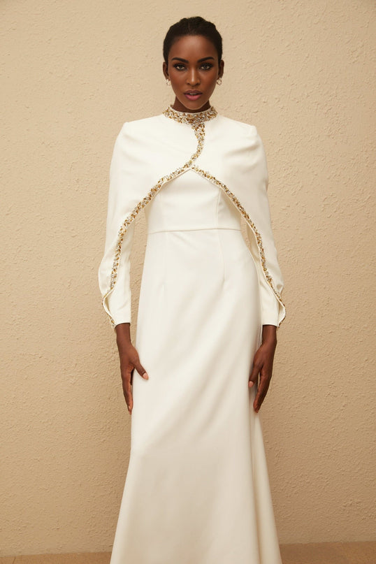 Lune White Embellished Shawl Design Gown in White color