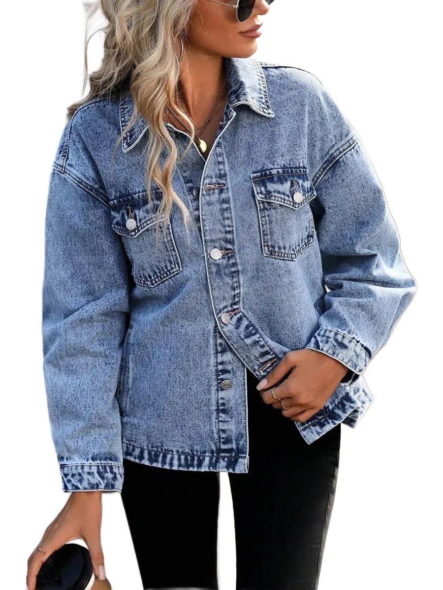 LUNE Womens Autumn Oversized Denim Jacket With SingleBreasted Button Closure And Drop Shoulder Long