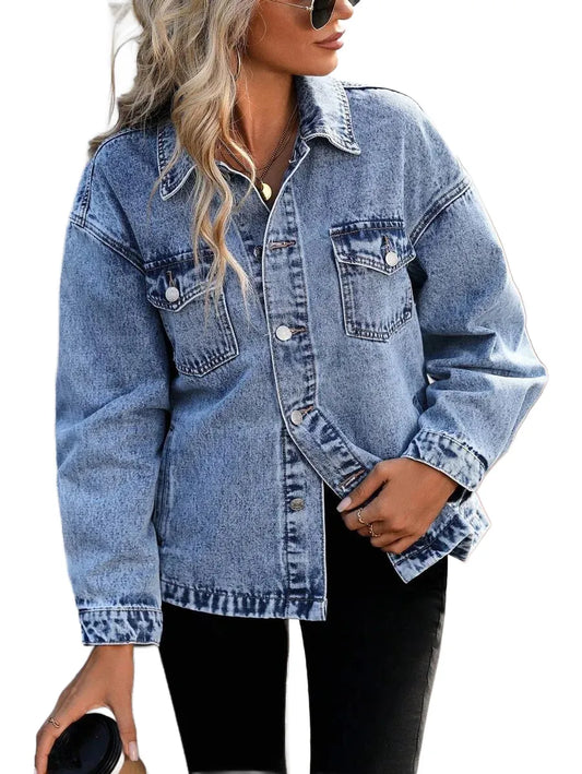 LUNE Womens Autumn Oversized Denim Jacket With SingleBreasted Button Closure And Drop Shoulder Long