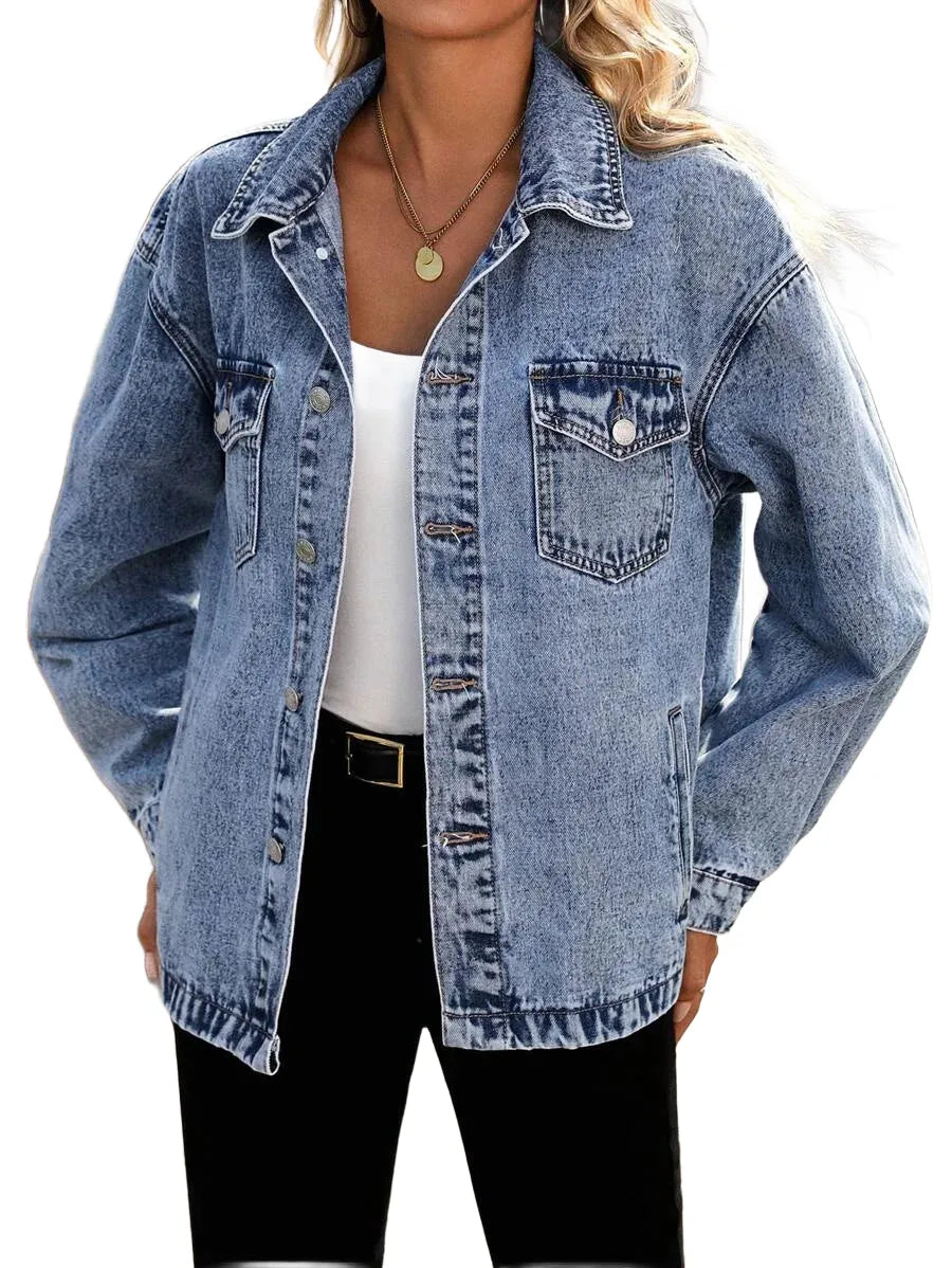 LUNE Womens Autumn Oversized Denim Jacket With SingleBreasted Button Closure And Drop Shoulder Long