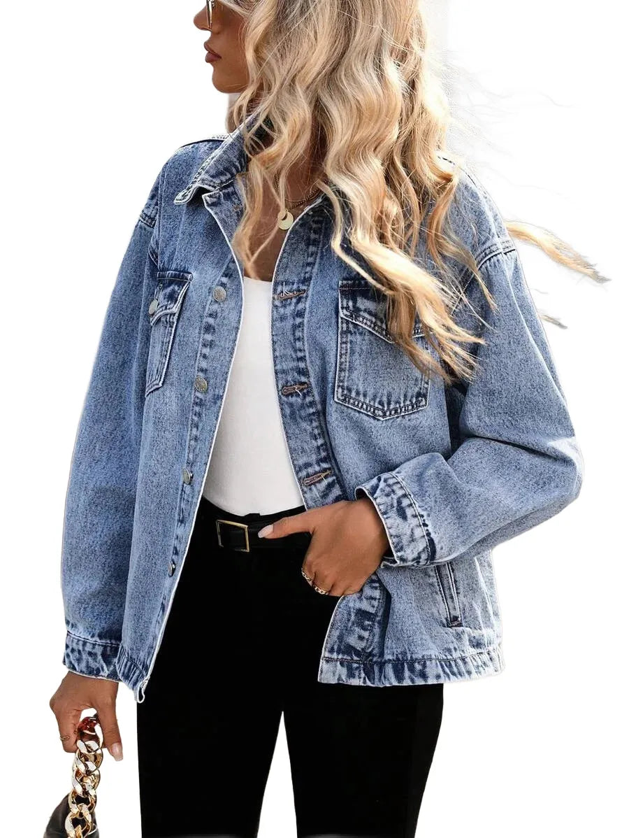 LUNE Womens Autumn Oversized Denim Jacket With SingleBreasted Button Closure And Drop Shoulder Long
