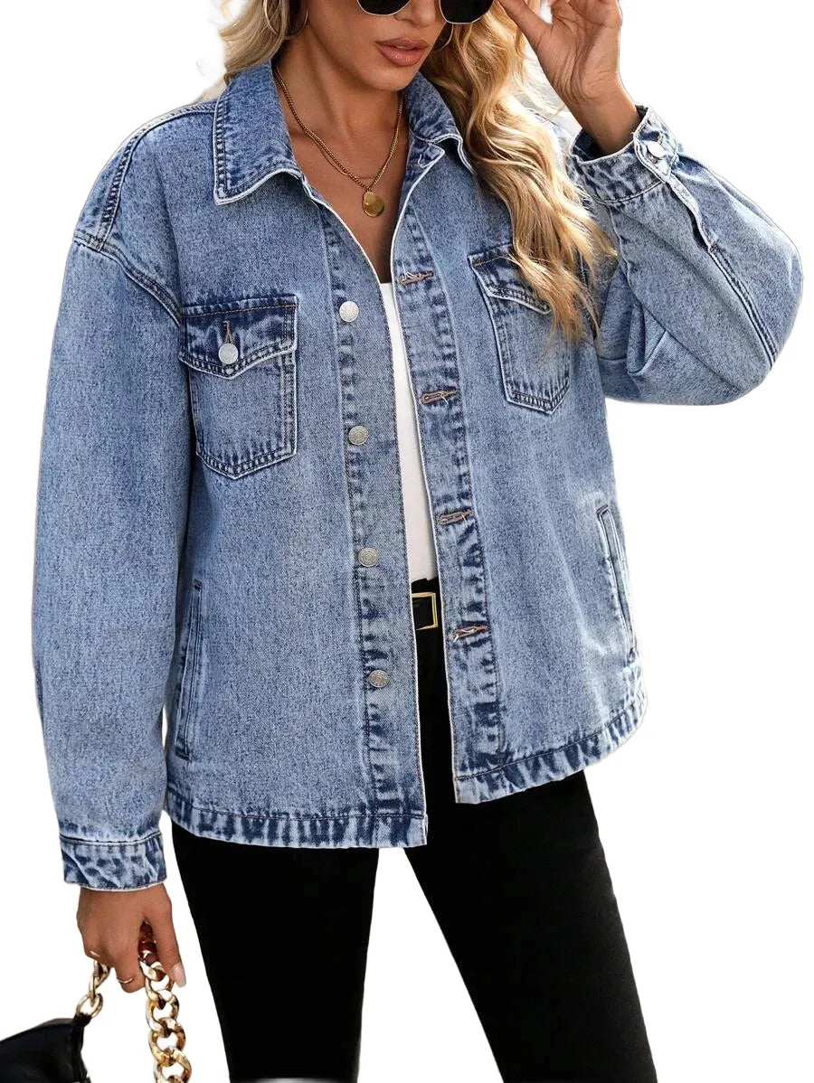 LUNE Womens Autumn Oversized Denim Jacket With SingleBreasted Button Closure And Drop Shoulder Long