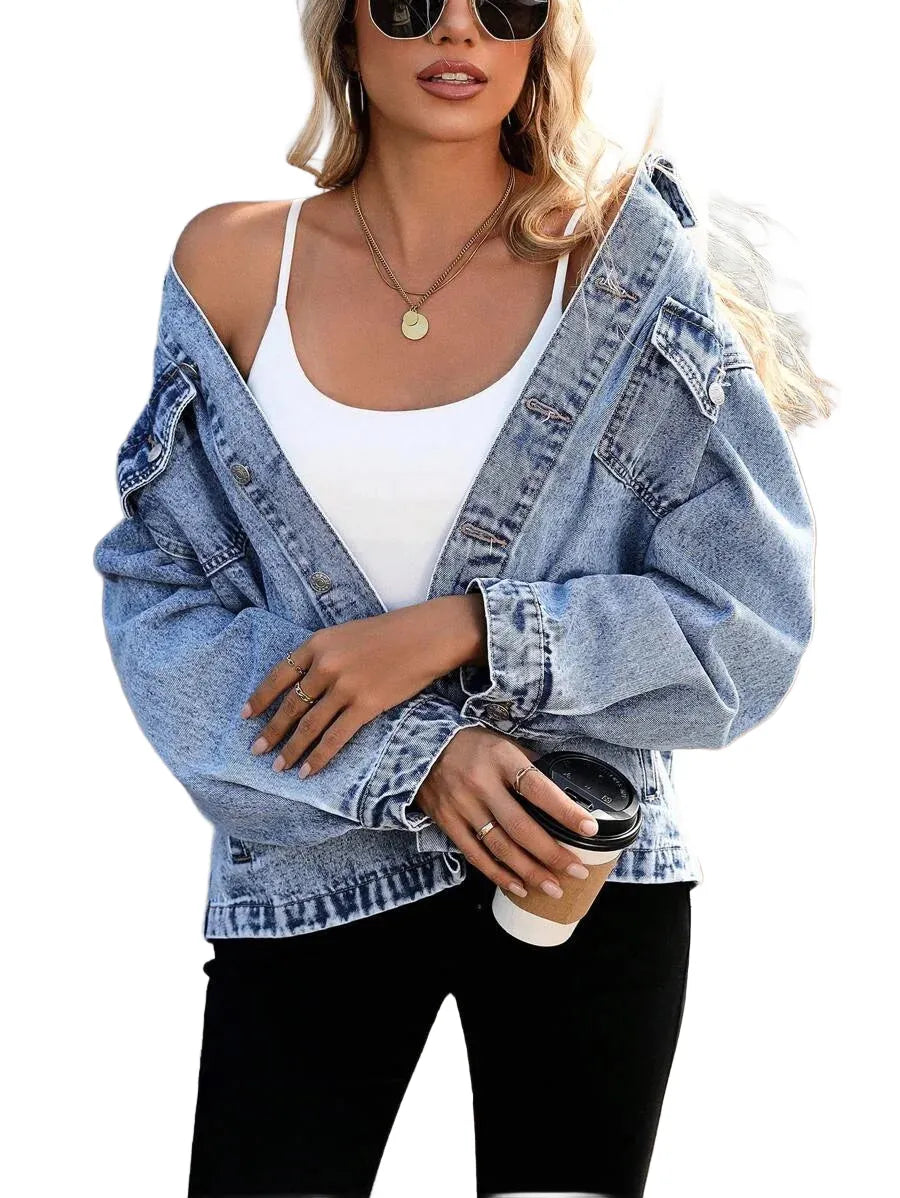 LUNE Womens Autumn Oversized Denim Jacket With SingleBreasted Button Closure And Drop Shoulder Long