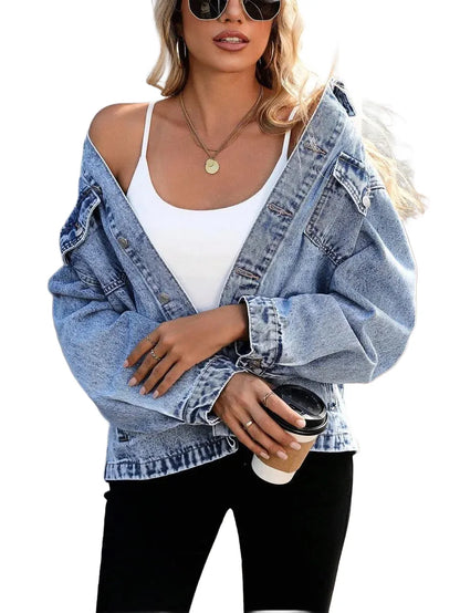 LUNE Womens Autumn Oversized Denim Jacket With SingleBreasted Button Closure And Drop Shoulder Long