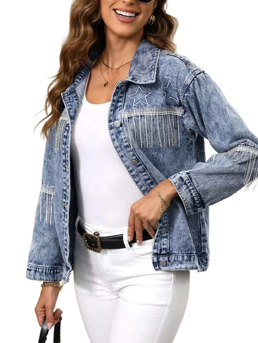 LUNE Womens Spring Autumn Patchwork Fringe Design Long Sleeve Casual Denim Jacket