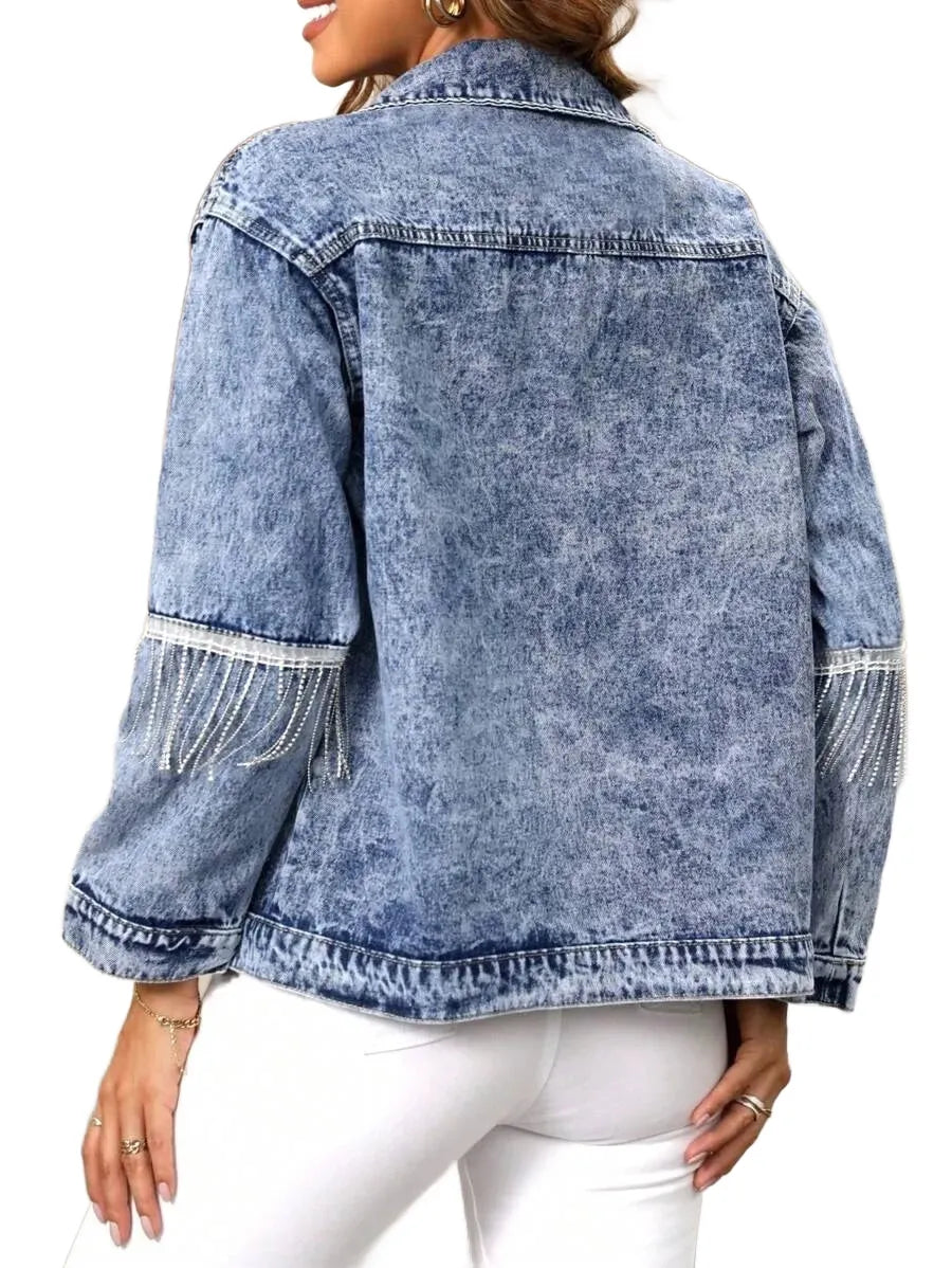 LUNE Womens Spring Autumn Patchwork Fringe Design Long Sleeve Casual Denim Jacket