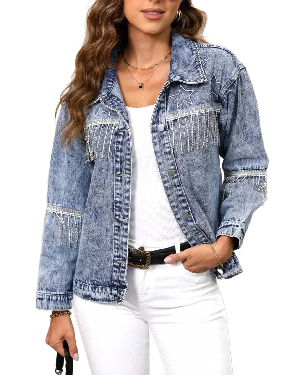 LUNE Womens Spring Autumn Patchwork Fringe Design Long Sleeve Casual Denim Jacket