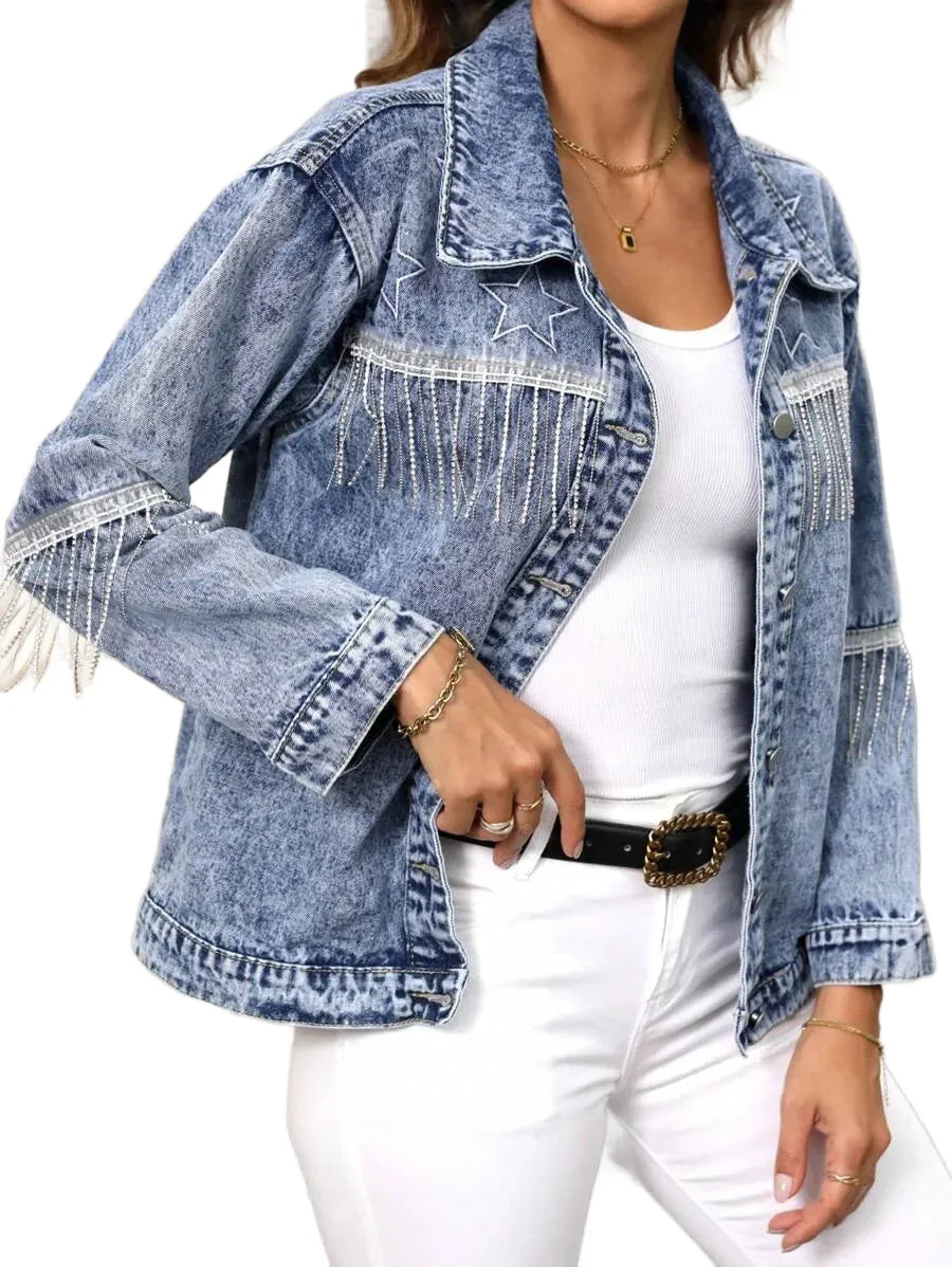 LUNE Womens Spring Autumn Patchwork Fringe Design Long Sleeve Casual Denim Jacket