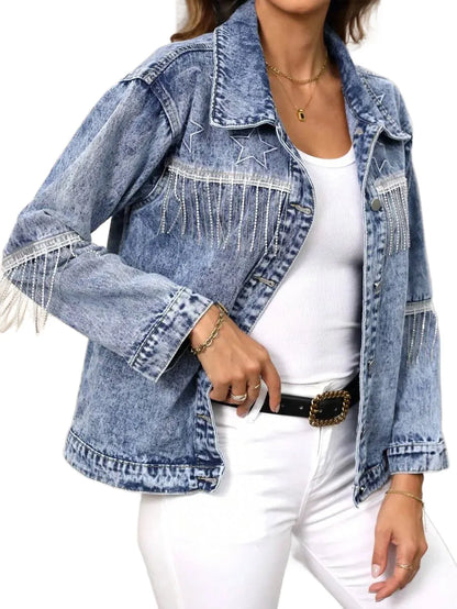LUNE Womens Spring Autumn Patchwork Fringe Design Long Sleeve Casual Denim Jacket