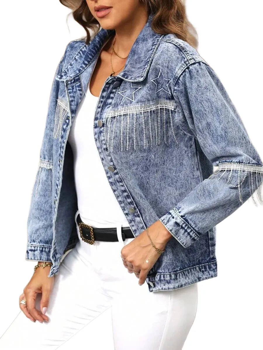 LUNE Womens Spring Autumn Patchwork Fringe Design Long Sleeve Casual Denim Jacket
