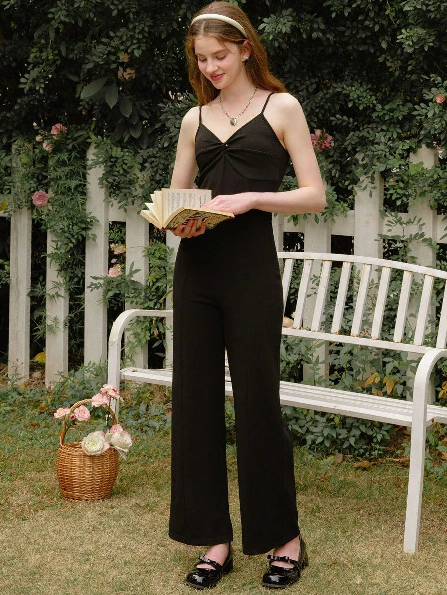 Lunivi Teen Girl Black Sleeveless Jumpsuit VNeck FormFitting Basic Jumpsuit Pants Suitable For